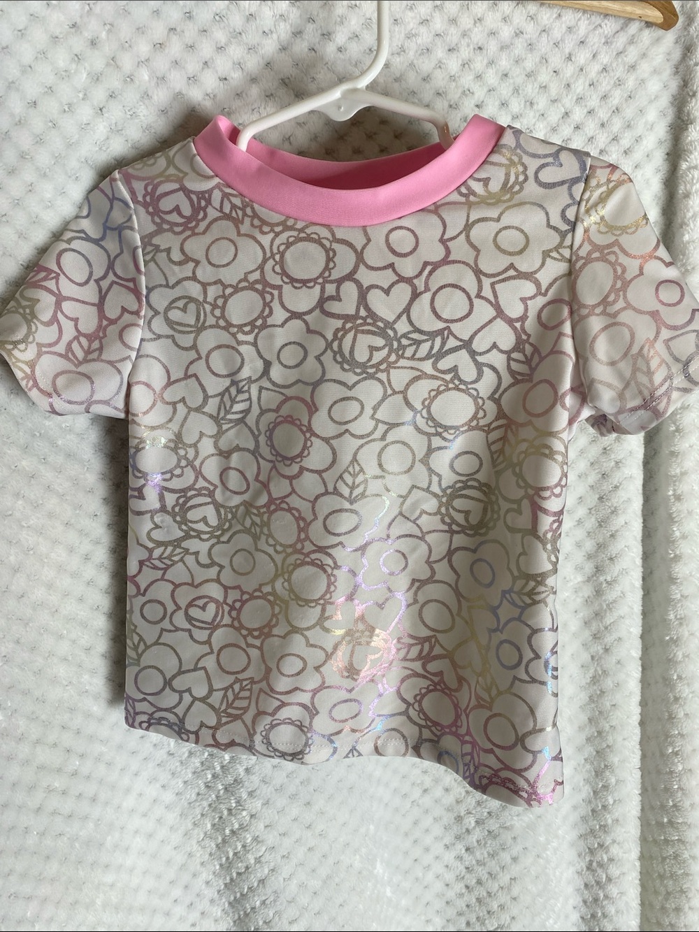 Floatimini White Short Sleeve Rashguard style swim top Pink Trim Floral Print